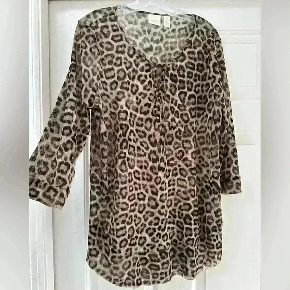 Chico's Leopard Print Sheer Stretchy
Tunic‎ Top Size 2 L/ XL Tie 3/4 Sleeve - Picture 1 of 9